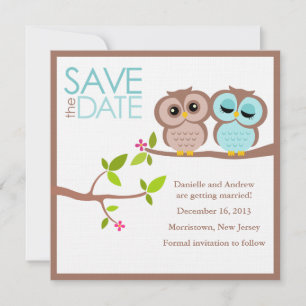 Bruine en Aqua Uilen Bruiloft Save the Date Kaart