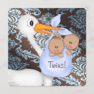 Bruine en babyblauwe damasten Twin Baby Shower Kaart