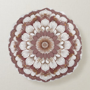 Bruine en beige bloemrijke Mandala-wandkunstprint Rond Kussen
