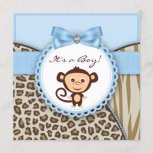 Bruine en Blauwe Aap Baby Shower Kaart