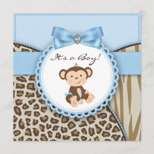 Bruine en Blauwe Aap Baby Shower voor Jongen Kaart