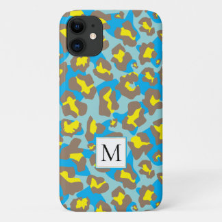 Bruine en blauwe luipaard dierlijke print en monog iPhone 11 hoesje