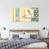 Bruine en blauwe vogel op een bijkantoor die omhoo canvas afdruk (Insitu (Slaapkamer))