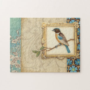 Bruine en blauwe vogel op een bijkantoor die omhoo legpuzzel