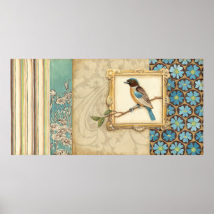 Bruine en blauwe vogel op een bijkantoor die omhoo poster