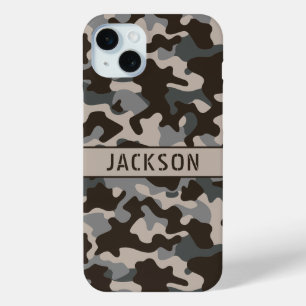 Bruine en grijze camouflage gepersonaliseerd iPhone 15 mini hoesje