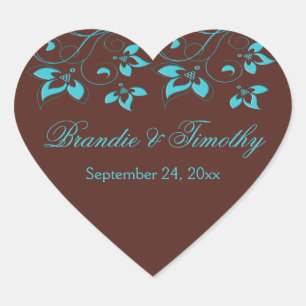 Bruine en Turquoise Bloemen Hart Gevormde Sticker