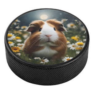 Bruine en witte cavia maan en madeliefjes, hockey puck
