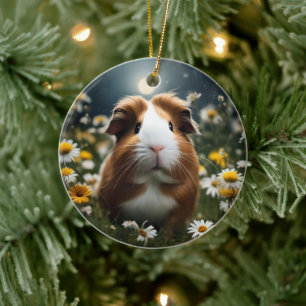 Bruine en witte cavia maan en madeliefjes, keramisch ornament