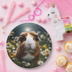 Bruine en witte cavia maan en madeliefjes, papieren bordje