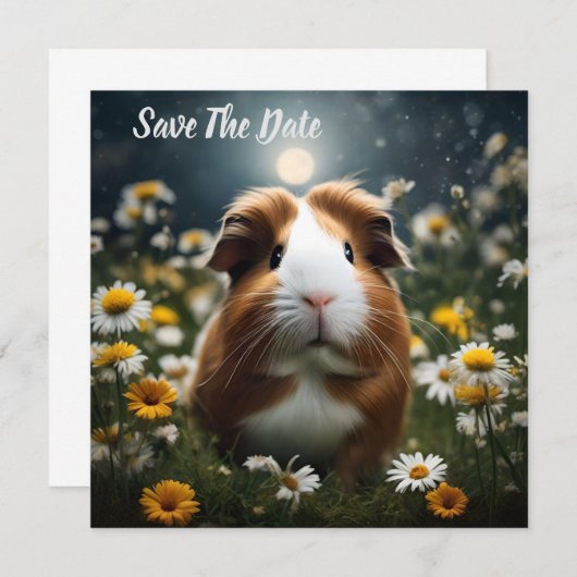 Bruine en witte cavia maan en madeliefjes, save the date (Voorkant / Achterkant)