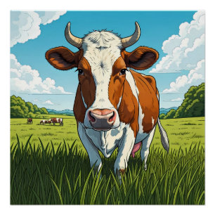 Bruine en witte Koe in een grasveld Perfect Poster