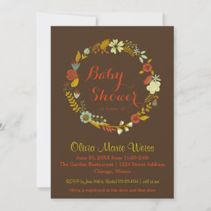 Bruine Floral Circle Wreath - Baby shower Invite Kaart