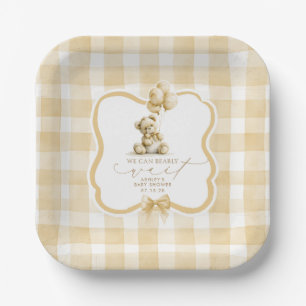 Bruine Gingham Teddybeer Jongens Baby Shower Papieren Bordje