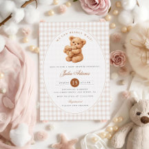 Bruine Gingham Teddybeer Neutrale Baby Shower Papi