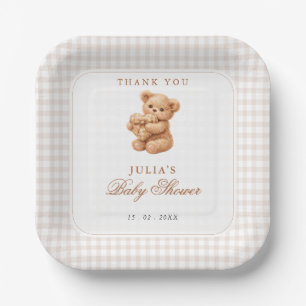 Bruine Gingham Teddybeer Neutrale Baby Shower Papi Papieren Bordje