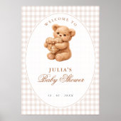 Bruine Gingham Teddybeer Neutrale Baby Shower Papi Poster (Voorkant)