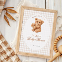 Bruine Gingham Teddybeer Neutrale Baby Shower Papi