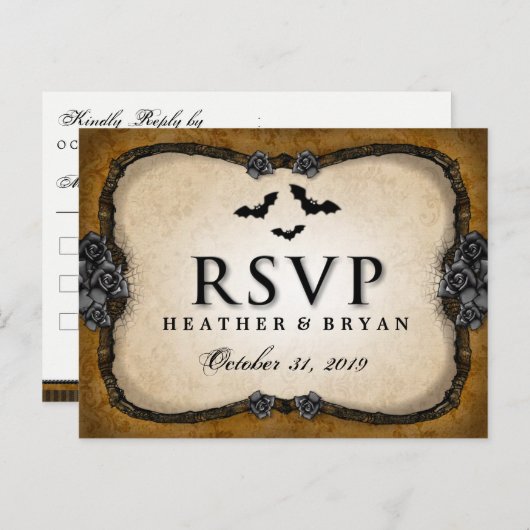 Bruine Gotische Vleermuizen & Rozen RSVP Matching  Uitnodiging Briefkaart (Voorkant / Achterkant)