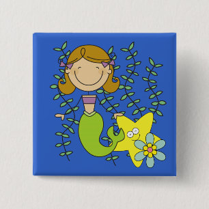 Bruine Haired Meermin Vierkante Button 5,1 Cm