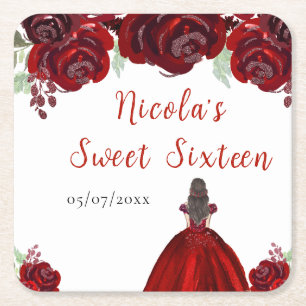 Bruine Haren Prinses Rode Bloemen Sweet Sixteen Vierkante Kartonnen Onderzetter