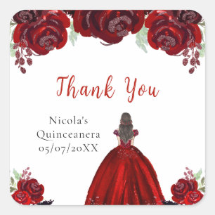 Bruine Haren Prinses Rode Bloemige Quinceanera Vierkante Sticker
