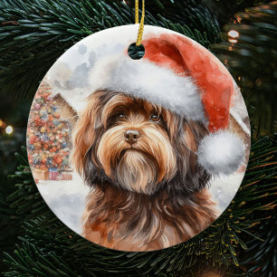 Bruine Havanese Hond met Santa Hat Kerstmis Keramisch Ornament