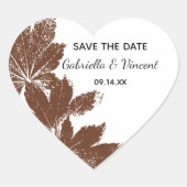 Bruine Herfst Leaf Stamp Wedding Save the Date Hart Sticker (Voorkant)