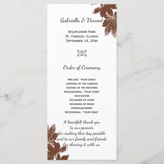 Bruine Herfst Maple Leaf Stamp Wedding Programme Programma (Voorkant)