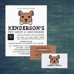 Bruine hond met beenderen, huisdierwinkel en bruin flyer
