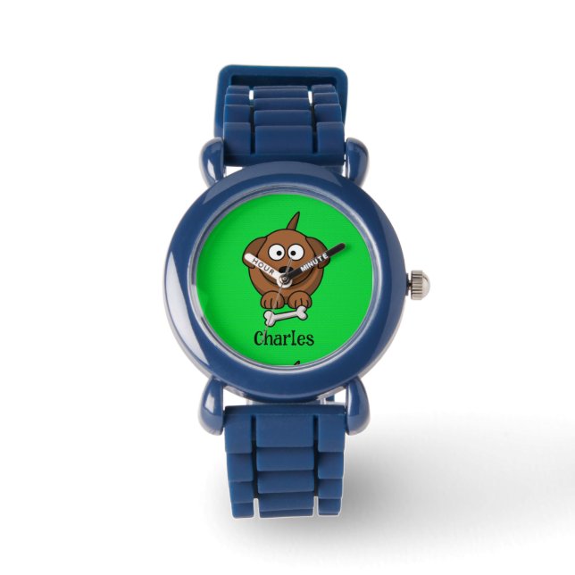 Bruine hond met bot gepersonaliseerd op groen horloge (Voorkant)