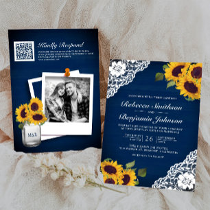 Bruine Houten Kant Sunflower Foto QR Code Trouwen Kaart