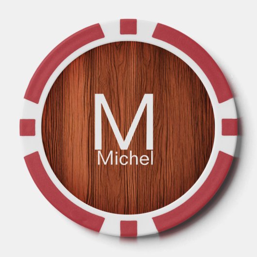 Bruine houten textuurlijnen voeg monogram letterna poker chips (Voorkant)