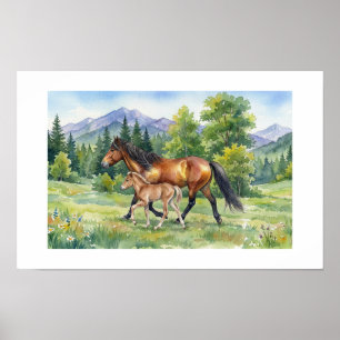 Bruine IJslandse paard en veulen in bergweide Poster