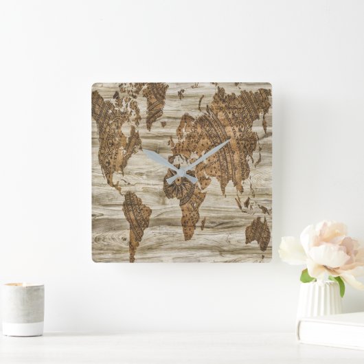 Bruine kaart van de werelddruk vierkante klok (Huis)