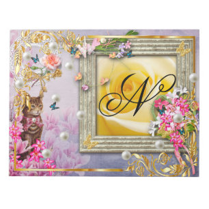 Bruine Kat Blauwe Vlinder Roze Bloemen Gouden Deco Notitieblok