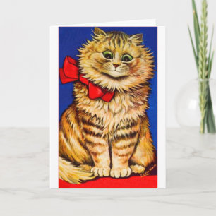 Bruine kat met rood lint (vintage afbeelding) feestdagen kaart