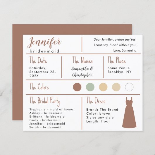 Bruine Kleding Kleur Bruidsmeisje Informatie Kaart (Voorkant / Achterkant)