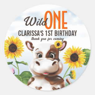 Bruine Koe Zonnebloem Meisje Eerste Verjaardag Ronde Sticker
