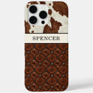 Bruine koeienhuid en leder met monogram iPhone 16 pro max hoesje