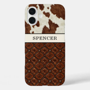 Bruine koeienhuid en monogram leer iPhone 16 plus hoesje