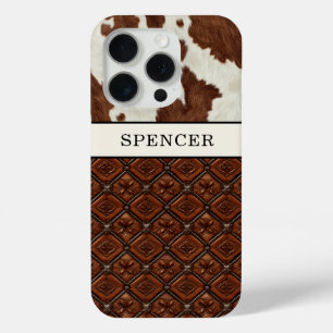 Bruine koeienhuid en monogramleer iPhone 15 pro case