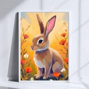 Bruine Konijn Bloemrijk Veld Dier Schilderkunst Ku Poster