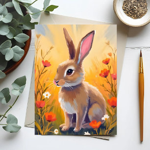 Bruine Konijn Bloemrijk Veld Dieren Schilderij Briefkaart