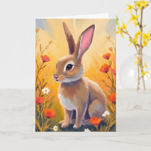Bruine Konijn Bloemrijk Veld Dieren Schilderij Kaart