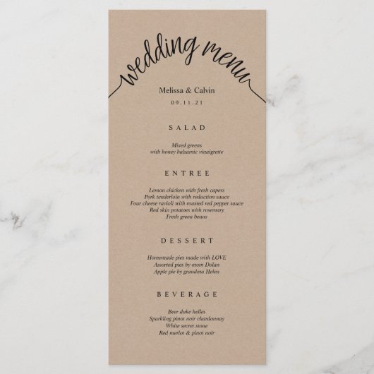 Bruine Kraft-kaart van het Rustic Wedding Menu (Voorkant)