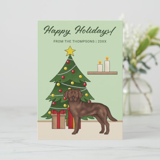 Bruine Labrador Retriever Green Feestelijke Kerst Feestdagenkaart (Staand voorkant)