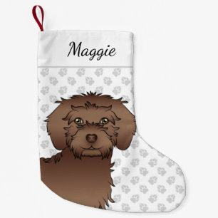 Bruine Mini Goldendoodle Cartoon Hondenkop & Naam Kleine Kerstsok