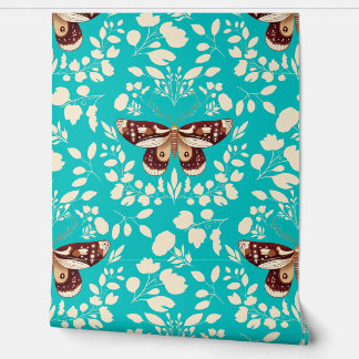 Bruine Moth & Cream Foliage Wallpaper op Turquoise Behang