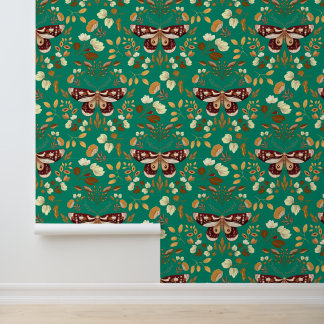 Bruine motten en bloemen behang – groen behang